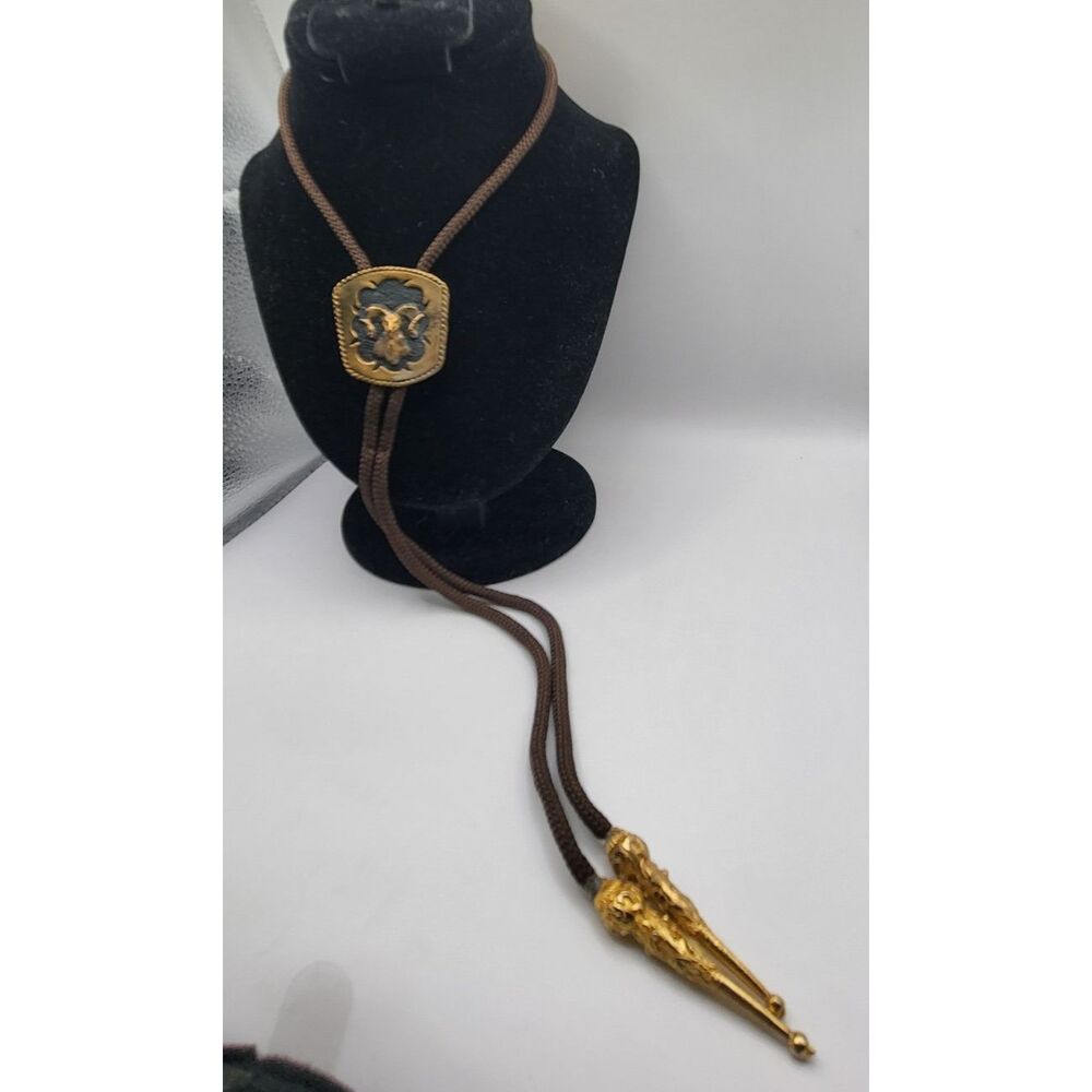 Vintage Bolo Tie Ram Bighorn Sheep Skull Design Bronze Brass 10K Gold PlatedTips - Picture 3 of 5